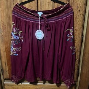 Umgee Maroon Skirt with Floral Embroidery